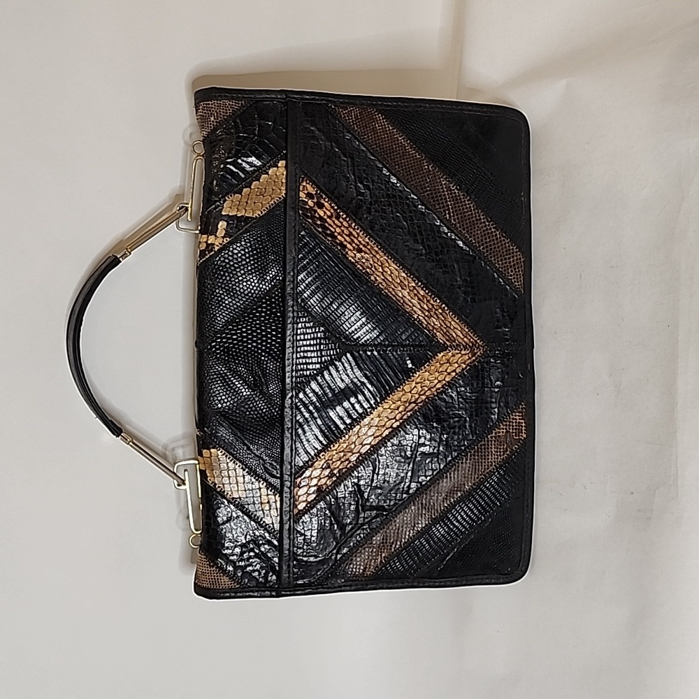 Vintage 1970s Python Snake Lizard Patchwork Clutc… - image 4